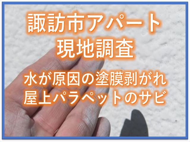 諏訪市アパート現地調査｜水が原因の塗膜の剥がれ｜パラペットのサビ