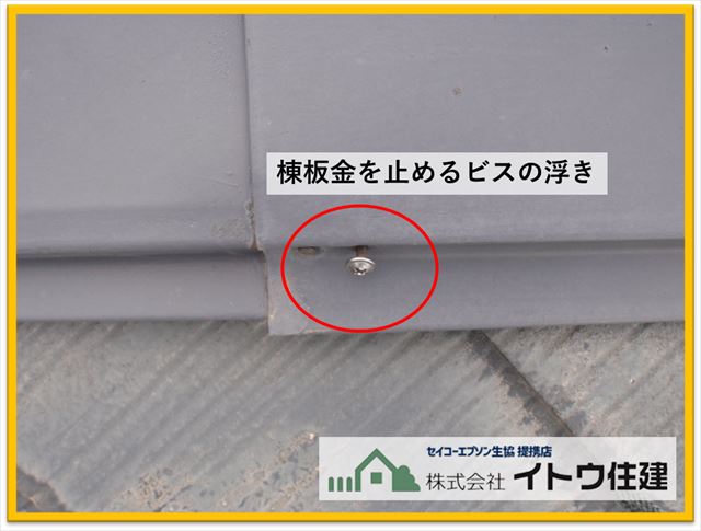 辰野町現地調査　棟板金のビスの浮き
