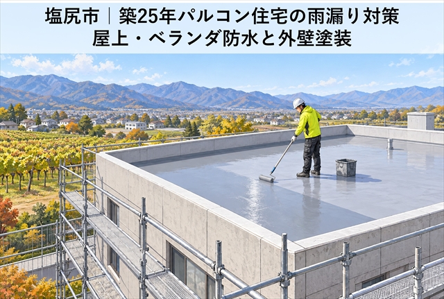 塩尻市｜築25年パルコン住宅の雨漏り対策｜屋上・ベランダ防水と外壁塗装