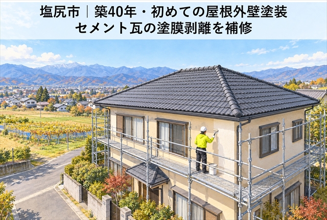 塩尻市｜築40年・初めての屋根外壁塗装｜セメント瓦の塗膜剥離を補修