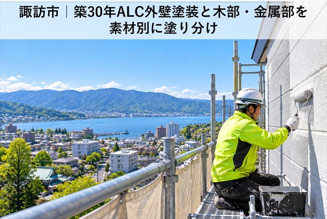 諏訪市｜築30年ALC外壁塗装と木部・金属部を素材別に塗り分け