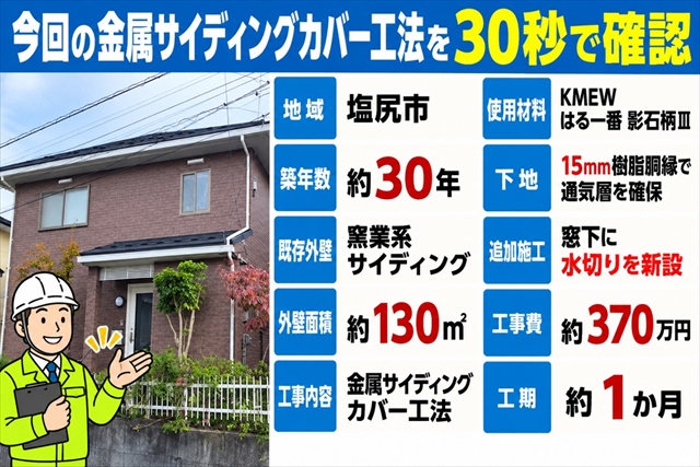 塩尻市｜築30年の窯業系サイディング130㎡を金属外壁でカバー工法1