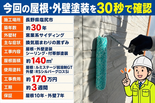 塩尻市で外壁塗装｜築30年窯業系サイディングの黒ずみを洗浄して塗り替え1