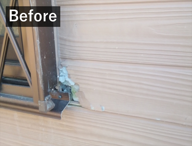 大桑村で浴室下の外壁爆裂を補修。木目調金属サイディング張り替えと塗装で美しく再生