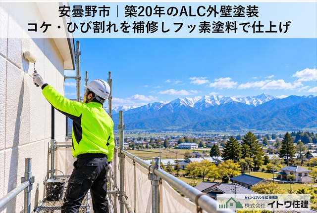 安曇野市｜築20年のALC外壁塗装｜コケ・ひび割れを補修しフッ素塗料で仕上げ